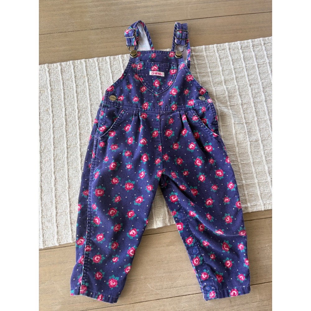 Vintage 90's toddler girls purple pink floral corduroy overalls 18 months
